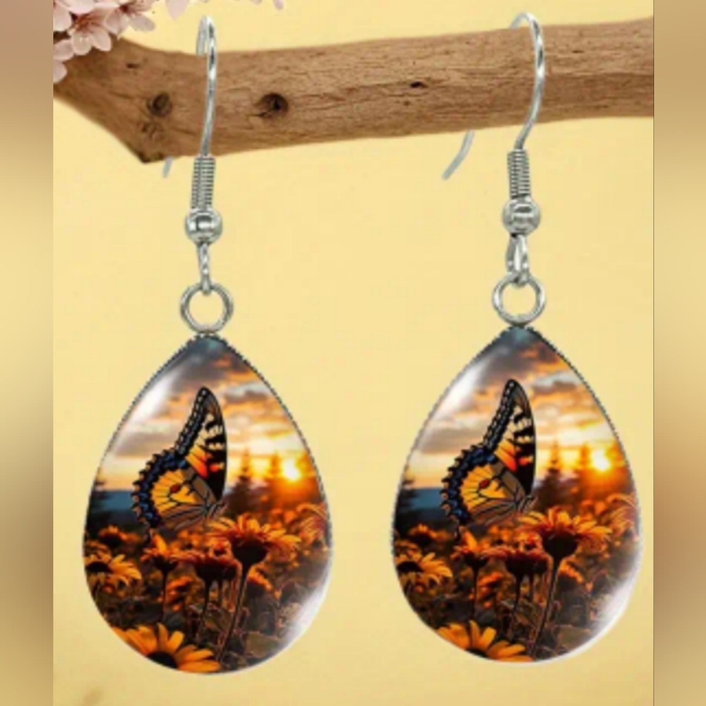 NEW!Country Western Butterfly Sunset summer boho Crystal Glass Teardrop Earrings